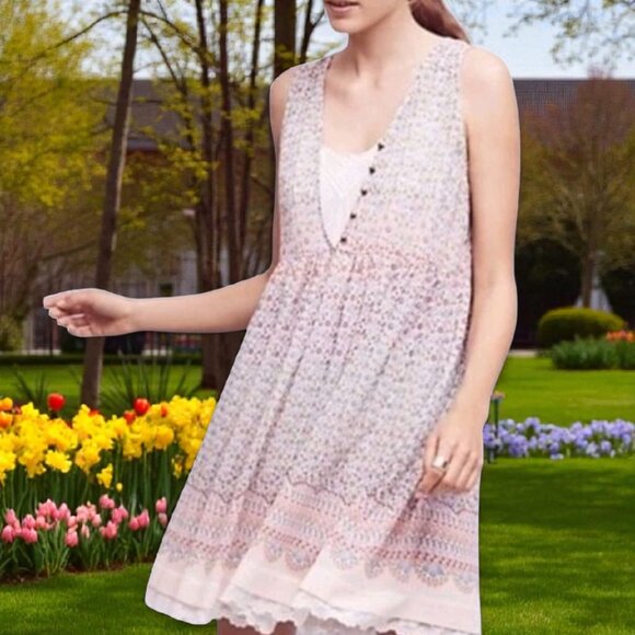 ANTHROPOLOGIE MAEVE ( LG ) VIOLETTA Babydoll Floral Boho Semi Sheer Sleeveless - Picture 1 of 10